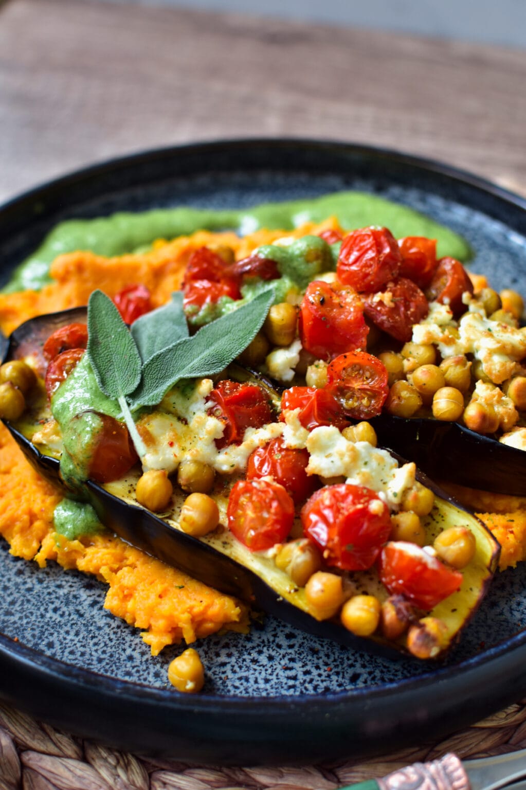 Aubergine aus der Heißluftfritteuse - mit Süßkartoffelpüree