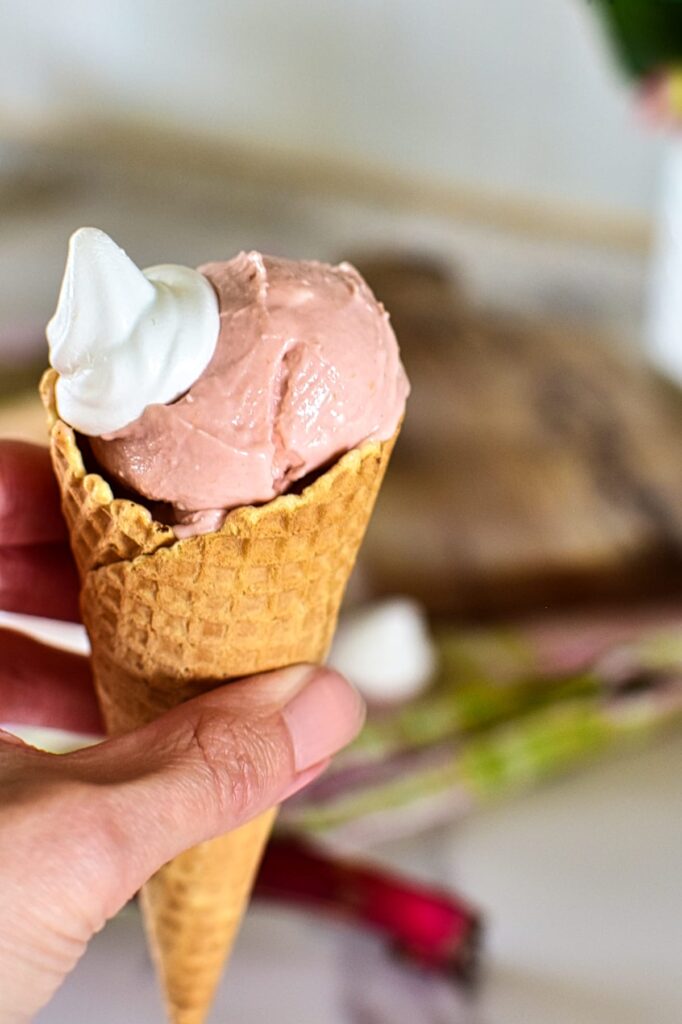 Leckeres Rhabarber-Eis mit Baiser in einer Waffel.