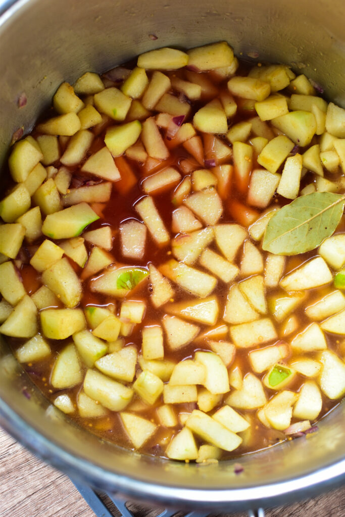 Apfel und Aperol in einem Kochtopf mit allen Gewürzen
