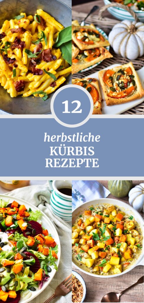 Bunte Auswahl herbstlicher Kürbis Rezepte auf einem rustikalen Holztisch serviert