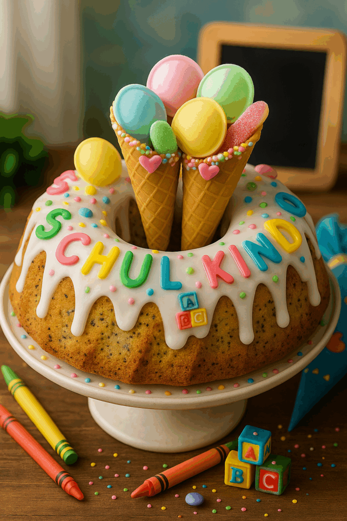 Mohn-Zitronen-Gugelhupf zur Einschulung mit essbaren Buchstaben, gefüllten Waffeltüten und Schulstart-Dekoration wie Schultüte und Buntstiften.