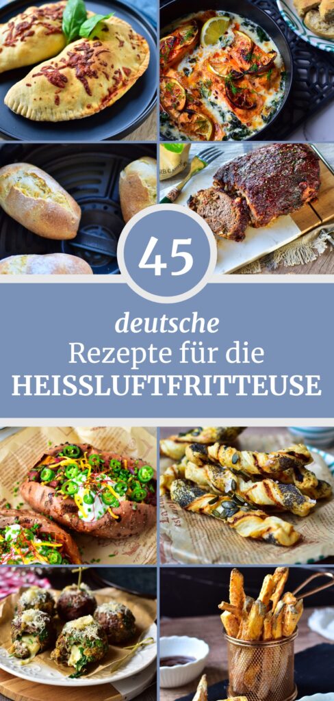 Mehrere Teller mit verschiedenen Deutschen Gerichten aus der Heißluftfritteuse