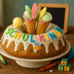 Kuchen zur Einschulung in Gugelhupfform mit Zuckerguss, bunten Zuckerbuchstaben und Waffelhörnchen, dekoriert mit Brause-Ufos und Streuseln auf einem Holztisch.