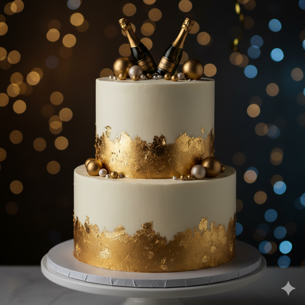 Zweistöckige Silvestertorte mit Champagner, essbarem Blattgold und goldenen Dekokugeln auf weißer Tortenplatte.