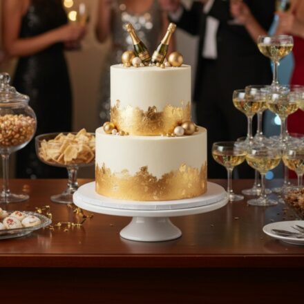 Edle Champagner-Torte mit glatter Buttercreme, Mini-Sektflaschen und glänzender Silvesterdekoration auf einem üppigen Silvester-Buffet-Tisch mit Gästen im Hintergrund