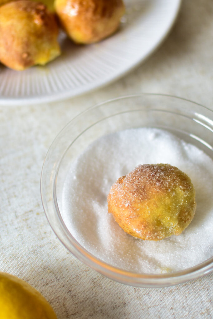 Frisch gebackene Quarkbällchen im Zucker gewälzt