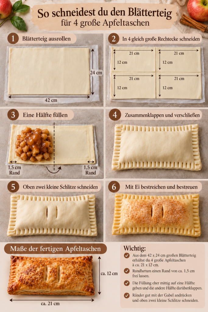 Anleitung zum Schneiden und Falten von Blätterteig für vier Apfeltaschen im Airfryer mit Maßen von 21 × 12 cm.