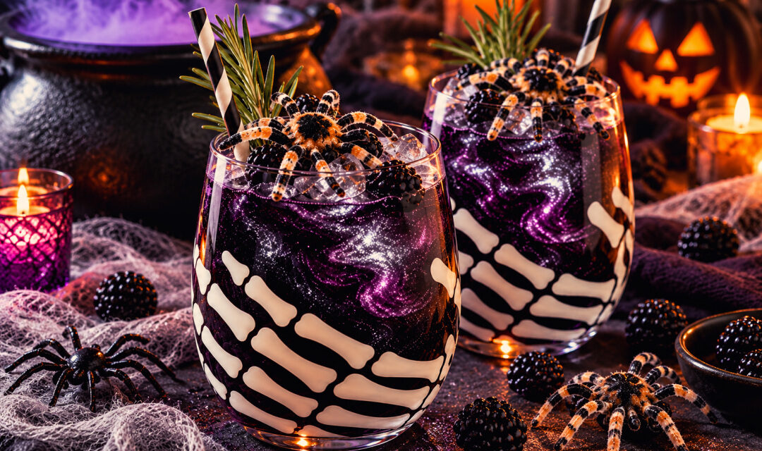 Midnight Spider – alkoholfreier Halloween Cocktail mit Brombeeren und Glitzer