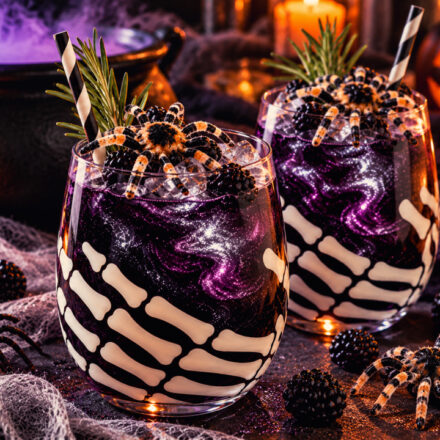 Zwei dunkelviolette Halloween Cocktails mit Glitzer, Brombeeren und Spinnendekoration in Skelettgläsern auf einem gruselig dekorierten Tisch.
