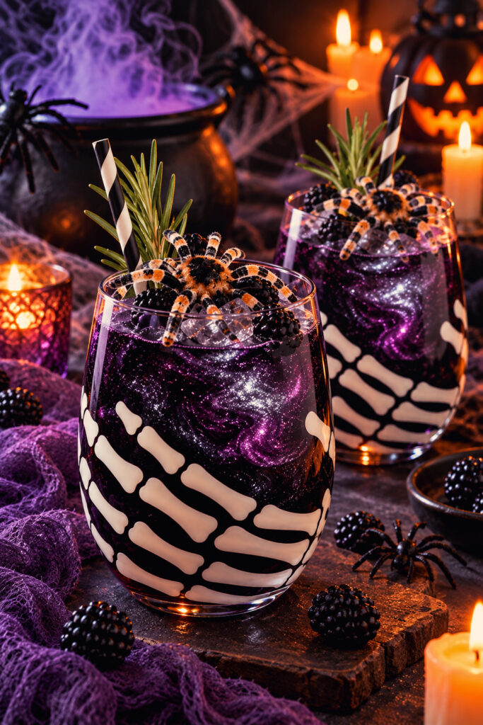 Alkoholfreier Halloween Drink mit Brombeeren und violettem Glitzer, dekoriert mit einer Spinne, Rosmarin und Eiswürfeln.