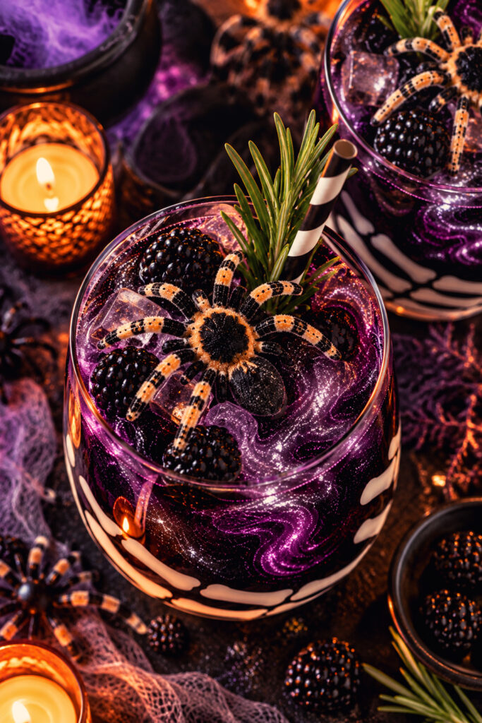 Detailaufnahme eines dunkelvioletten Halloween Getränks mit Glitzerwirbeln, Brombeeren und einer essbaren Spinne.